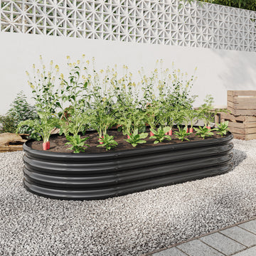 Raised Garden Bed Outdoor, Oval Large Metal Raised Planter Bed for for Plants, Vegetables, and Flowers - Black/Silver