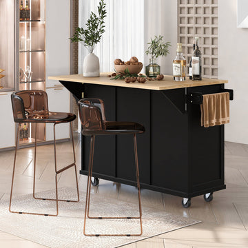 Kitchen Island Cart with Foldable Table & Adjustable Storage, Black Rolling Utility Cart