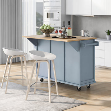 Kitchen Island Cart with Foldable Table & Adjustable Storage, Blue Rolling Utility Cart