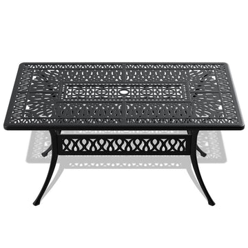 58.3" Cast Aluminum Outdoor Patio Dining Table with Umbrella Hole, Rectangular Black Metal Table for Backyard, Garden & Deck