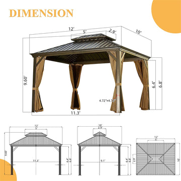 Clihome 12-ft x 10-ft Hardtop Gazebo Brown Gazebo with Hardtop Roof