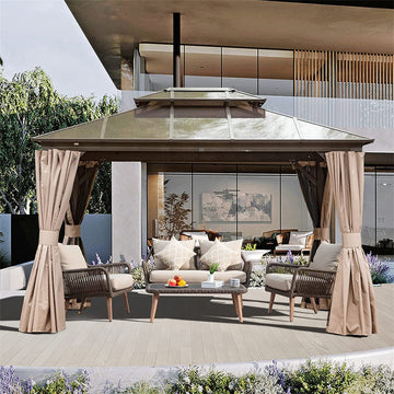 Clihome 11.9-ft x 9.77-ft Hardtop Gazebo Brown with Hardtop Roof