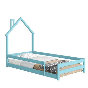 Twin Size Wood bed with House-shaped Headboard Floor bed with Fences,Light Blue