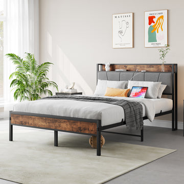Full/Twin/Queen Size Bed Frame, Storage Headboard with Charging Station, Solid and Stable, Noise Free, No Box Spring Needed, Easy Assembly,Vintage Brown and Gray