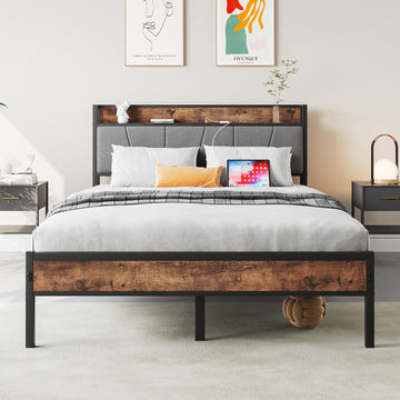 Full/Twin/Queen Size Bed Frame, Storage Headboard with Charging Station, Solid and Stable, Noise Free, No Box Spring Needed, Easy Assembly,Vintage Brown and Gray