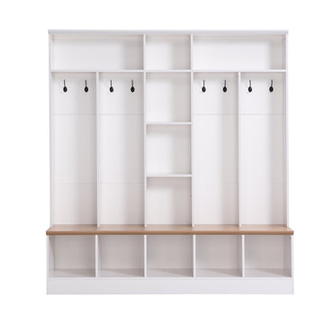 Clihome Wide Design Hall Tree with Storage Bench, Minimalist Shoe Cabinet with Cube Storage & Shelves, Multifunctional Coat Rack with 8 Hooks for Entryways, Mudroom, White