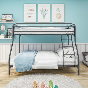 Heavy Duty Twin-Over-Full Metal Bunk Bed, Easy Assembly with Enhanced Upper-Level Guardrail, Black/White/White New