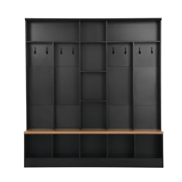 Clihome Wide Design Hall Tree with Storage Bench, Minimalist Shoe Cabinet with Cube Storage & Shelves, Multifunctional Coat Rack with 8 Hooks for Entryways, Mudroom, Black