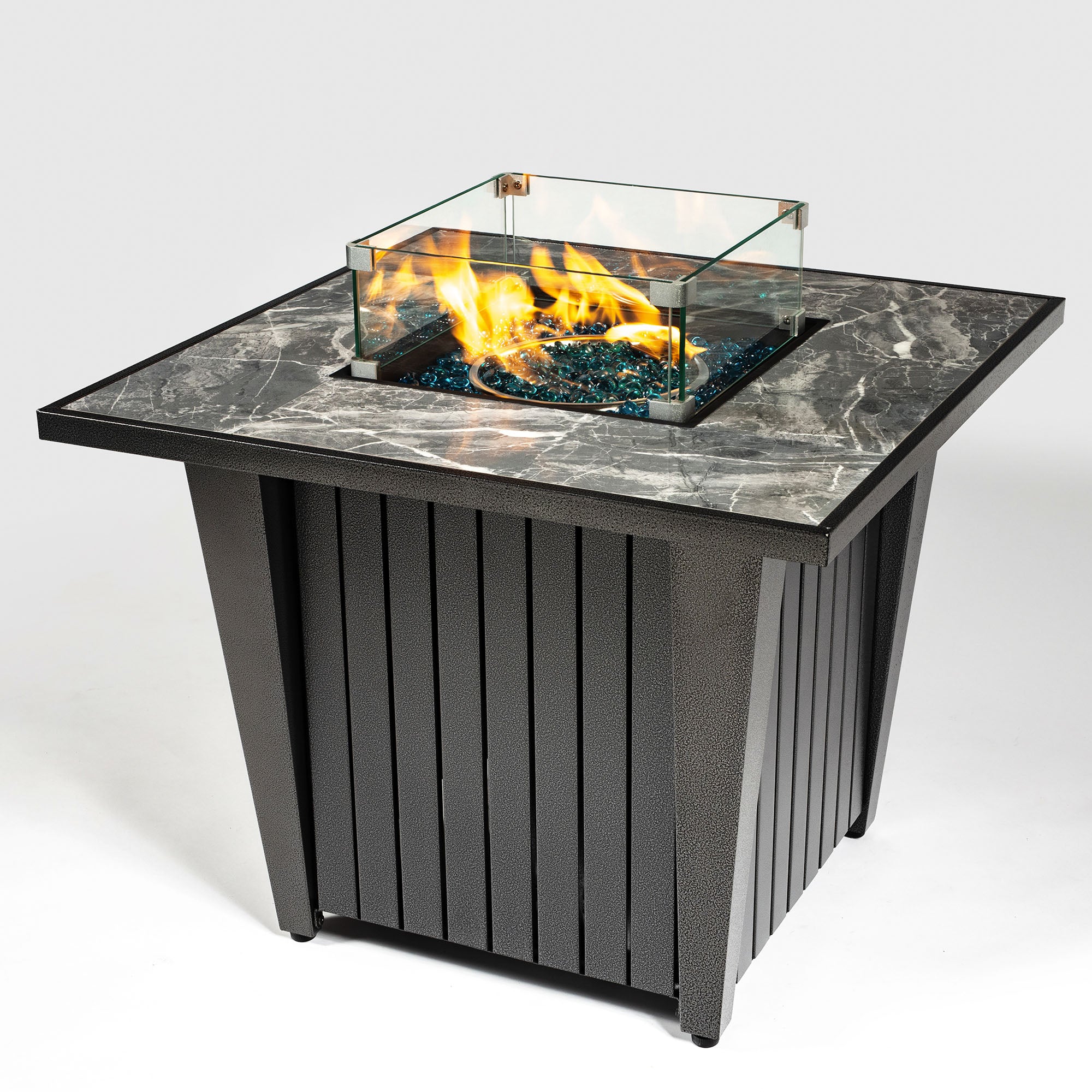 32inch Outdoor Square Propane Fire Pit Table with Blue Glass Beads, Rain Cover and Glass Wind Guard