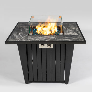 32inch Outdoor Square Propane Fire Pit Table with Blue Glass Beads, Rain Cover and Glass Wind Guard