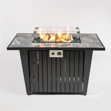 Morden Steel Fire Pit Table with Marble Tile Tabletop, Glass Wind Guard and Lid