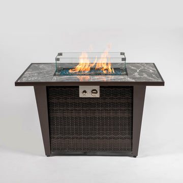 42inch Rattan Fire Pit Table with Ceramic Tile Tabletop, Glass Wind Guard and Rain cover, Lid