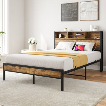 Full/Queen/Twin Size Bed Frame with Storage Headboard, Metal Platform Bed with Charging Station, Bookcase Storage, No Box Spring Needed, Easy Assembly, Noise-Free, Black