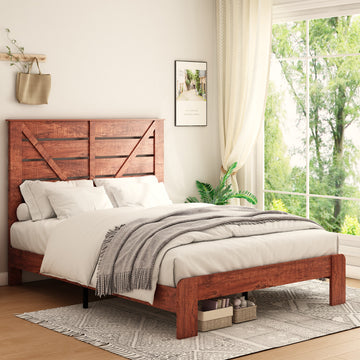 Queen Bed Frame Headboard , Wood Platform Bed Frame , Noise Free,No Box Spring Needed and Easy Assembly Tool,Large Under Bed Storage, Vintage Brown