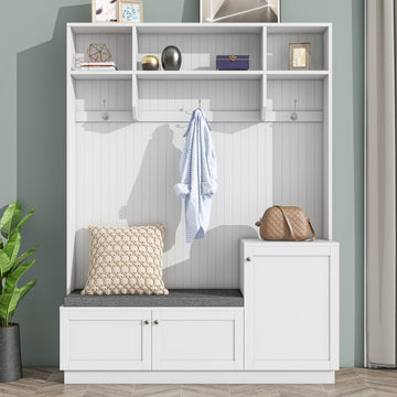 ON-TREND Elegant Design Hall Tree with Comfort and Storage Solutions, Functional Hallway Shoe Cabinet with Bench&Cushion, Modern Coat Rack with Hooks for Entryways, White/Black
