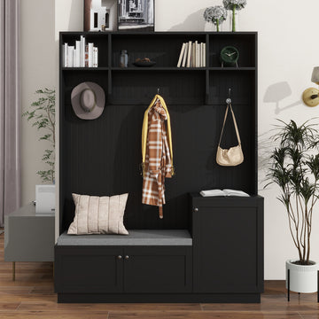 ON-TREND Elegant Design Hall Tree with Comfort and Storage Solutions, Functional Hallway Shoe Cabinet with Bench&Cushion, Modern Coat Rack with Hooks for Entryways, White/Black