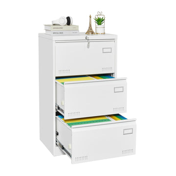 Filing Cabinet Lateral File Cabinet 3 Drawer, White Filing Cabinets with Lock, Locking Metal File Cabinets Three Drawer Office Cabinet for Legal/Letter/A4/F4 Home Offic