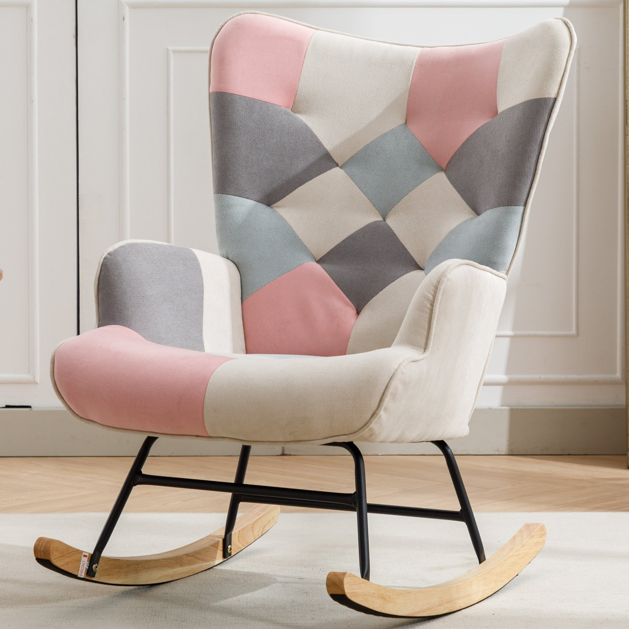 Modern Patchwork Accent Chair with Solid Wood Armrest and Feet, Mid-Century Modern Accent Sofa, Fabric Sofa Chair for Living Room Bedroom Studio, Comfy Side Armchair for Bed (pink)