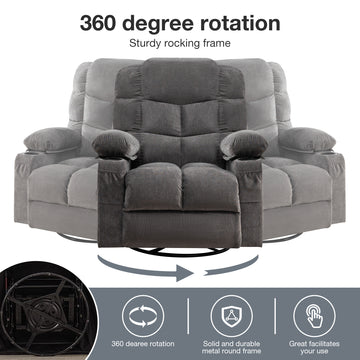 Massage Rocker Recliner Chair Rocking Chairs for Adults Oversized with 2 Cup Holders, USB Charge Port Soft Features a Manual Massage and Heat. GREY/BLUE