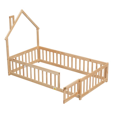 Twin House-Shaped Headboard Floor Bed with Fence, Natural