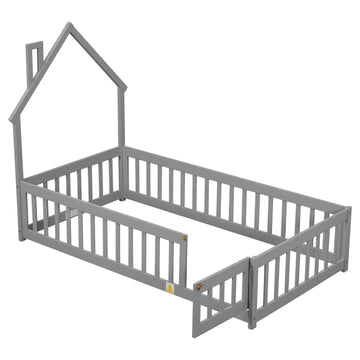 Twin House-Shaped Headboard Floor Bed with Fence,Grey