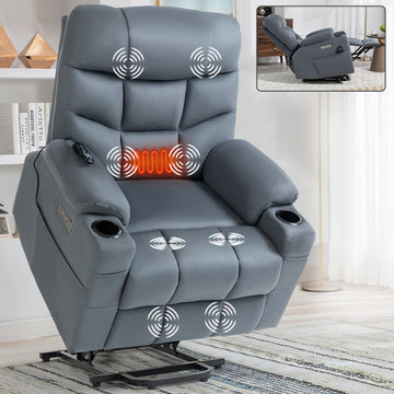 Up to 350 LBS Power Lift Recliner Chair, Heavy Duty Motion Mechanism with 8-Point Vibration Massage and Lumbar Heating, Cup Holders, USB and Type-C Ports, Removable Cushions, Blue-gray/Grey