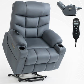 Up to 350 LBS Power Lift Recliner Chair, Heavy Duty Motion Mechanism with 8-Point Vibration Massage and Lumbar Heating, Cup Holders, USB and Type-C Ports, Removable Cushions, Blue-gray/Grey