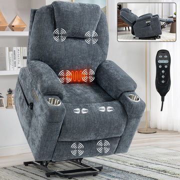 Up to 350 LBS Chenille Power Lift Recliner Chair, Heavy Duty Motion Mechanism with 8-Point Vibration Massage and Lumbar Heating, USB and Type-C Ports, Stainless Steel Cup Holders, Blue-gray/Brown