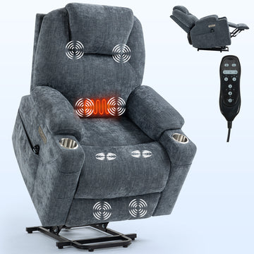 Up to 350 LBS Chenille Power Lift Recliner Chair, Heavy Duty Motion Mechanism with 8-Point Vibration Massage and Lumbar Heating, USB and Type-C Ports, Stainless Steel Cup Holders, Blue-gray/Brown