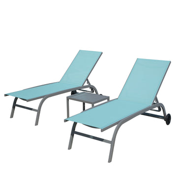 Chaise Lounge Outdoor Set of 3, Outdoor Lounge Chairs with 5 Adjustable Position&Wheels(Lake Blue, 2 Lounge Chairs+1 Table)