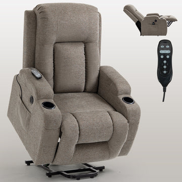 Infinite Position Single Motor Up to 350 LBS Power Lift Recliner Chair for Elderly, Heavy Duty Motion Mechanism with 8-Point Vibration Massage and Lumbar Heating, USB Charging Port, Cup Holders, Brown/Grey