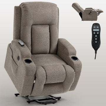 Clihome Infinite Position Single Motor Up to 350 LBS Power Lift Recliner Chair for Elderly Heavy Duty Motion Mechanism with 8 Point Vibration Massage and Lumbar Heating USB Charging Port Cup Holders Brown