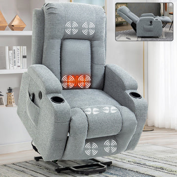 Clihome Infinite Position Single Motor Up to 350 LBS Power Lift Recliner Chair for Elderly Heavy Duty Motion Mechanism with 8 Point Vibration Massage and Lumbar Heating USB Charging Port Cup Holders Grey