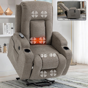 Infinite Position Single Motor Up to 350 LBS Power Lift Recliner Chair for Elderly, Heavy Duty Motion Mechanism with 8-Point Vibration Massage and Lumbar Heating, USB Charging Port, Cup Holders, Brown/Grey