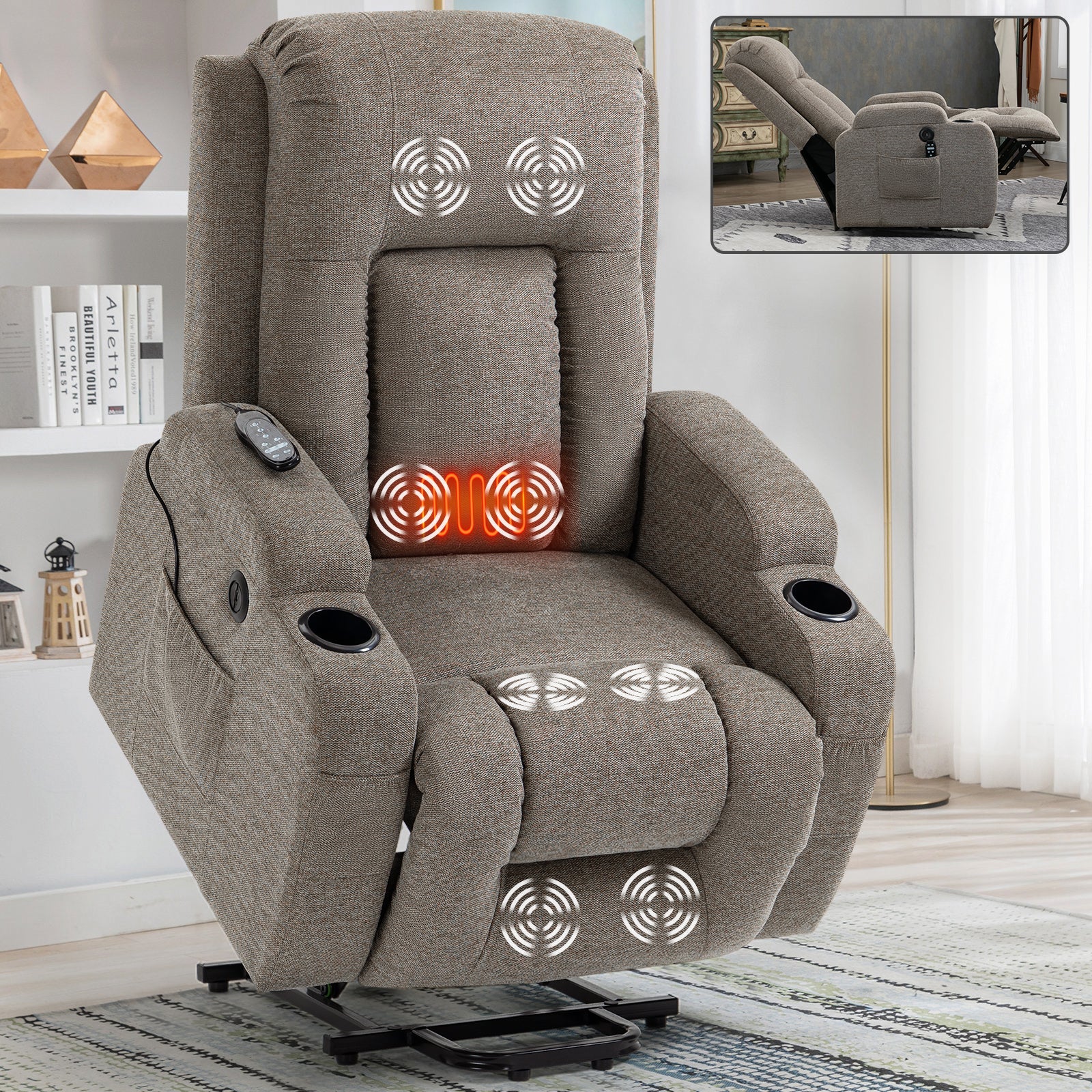 Clihome Infinite Position Single Motor Up to 350 LBS Power Lift Recliner Chair for Elderly Heavy Duty Motion Mechanism with 8 Point Vibration Massage and Lumbar Heating USB Charging Port Cup Holders Brown