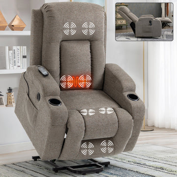 Clihome Infinite Position Single Motor Up to 350 LBS Power Lift Recliner Chair for Elderly Heavy Duty Motion Mechanism with 8 Point Vibration Massage and Lumbar Heating USB Charging Port Cup Holders Brown