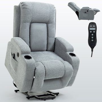 Clihome Infinite Position Single Motor Up to 350 LBS Power Lift Recliner Chair for Elderly Heavy Duty Motion Mechanism with 8 Point Vibration Massage and Lumbar Heating USB Charging Port Cup Holders Grey