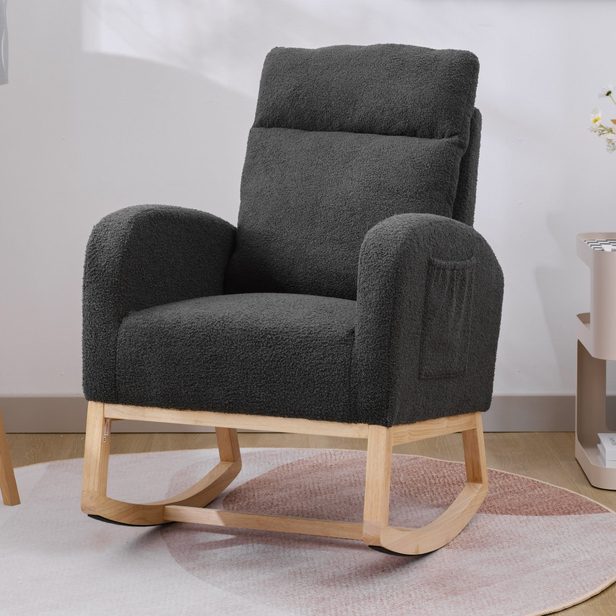 Modern Accent Rocking Chair Rocking Chair with Solid Wood Legs, Upholstered Nursery Glider Rocker, Comfy Armchair with Side Pocket, Living Room Lounge Arm Chair with High Backrest (Dark grey,teddy)