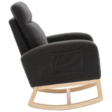 Modern Accent Rocking Chair Rocking Chair with Solid Wood Legs, Upholstered Nursery Glider Rocker, Comfy Armchair with Side Pocket, Living Room Lounge Arm Chair with High Backrest (Dark grey,teddy)