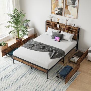 Queen Size Bed Frame with 4 Storage Drawers, Metal Platform Bed with Wooden Headboard and Charging Station, No Box Spring Needed, Noise Free, Easy Assembly, Brown