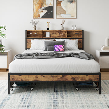 Queen Size Bed Frame with 4 Storage Drawers, Metal Platform Bed with Wooden Headboard and Charging Station, No Box Spring Needed, Noise Free, Easy Assembly, Brown