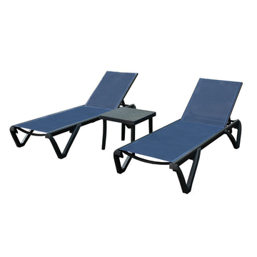 Outdoor Lounge Chair Set, Aluminum Plastic Patio Chaise Lounge with Side Table & 5 Position Adjustable Backrest & Wheels, Navy Blue