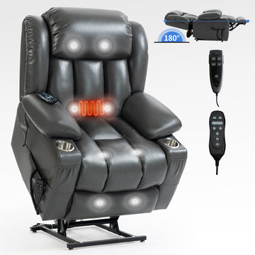 Dual Motor Infinite Position Up to 350 LBS Leatheraire Power Lift Recliner Chair, Heavy Duty Motion Mechanism with 8-Point Vibration Massage and Lumbar Heating, Stainless steel Cup Holders, Grey/Brown/Beige/ Brown + Wood+Metal