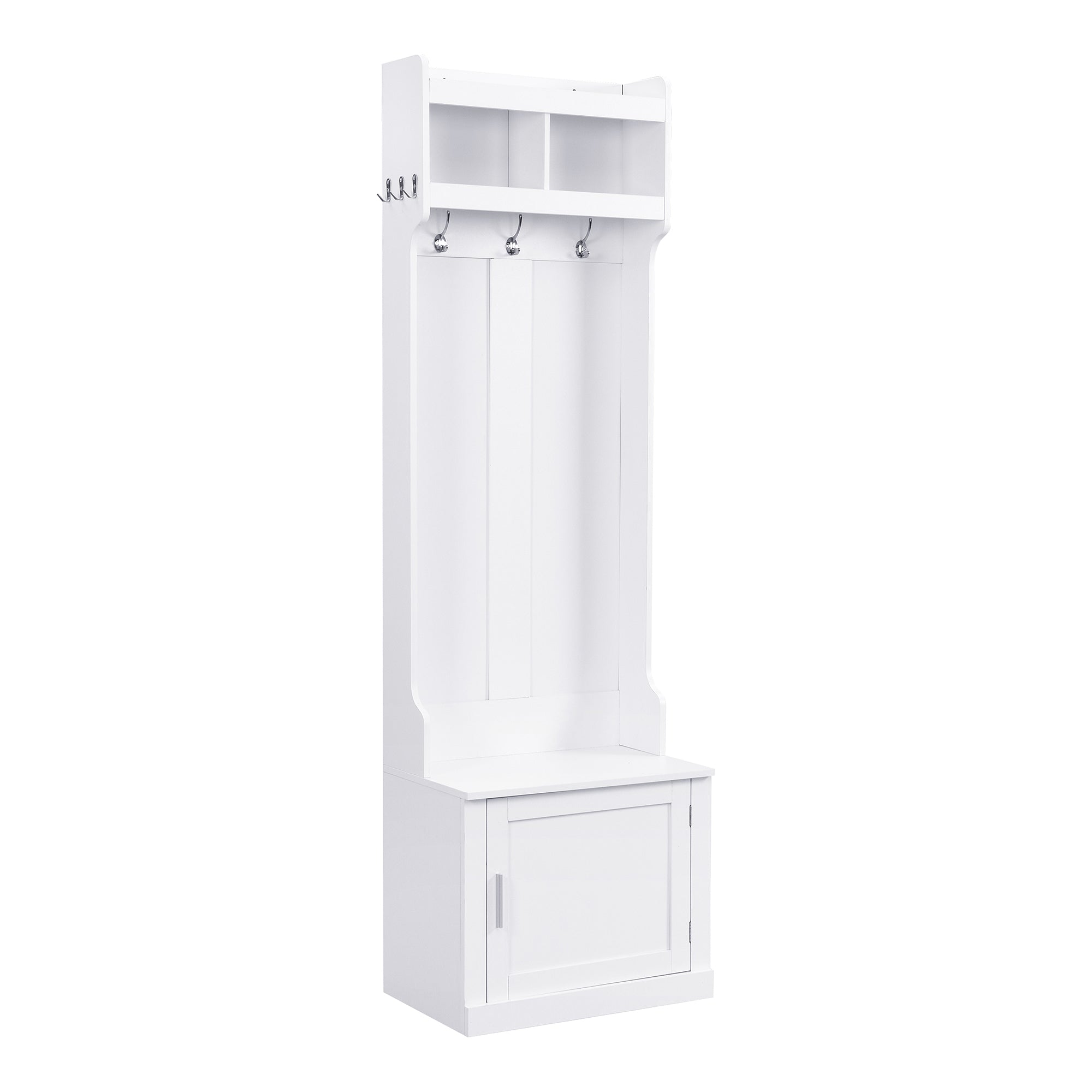 Minimalist Slim Hall Tree with Cabinet & 6 Hanging Hooks, Multi-functional Storage Bench with Coat Rack, Elegant Foyer Cabinet for Hallway, Living room, White/Black