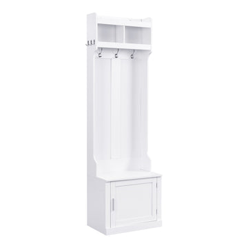Minimalist Slim Hall Tree with Cabinet & 6 Hanging Hooks, Multi-functional Storage Bench with Coat Rack, Elegant Foyer Cabinet for Hallway, Living room, White/Black