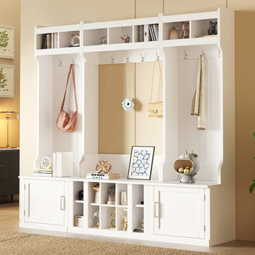 Wide Design Hall Tree with Storage and Bench, 4-IN-1 Multi-functional Entryway Bench with Coat Rack and Shoe Cubbies, Practical Furniture for Hallway, Black/White