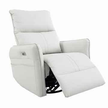 270° Power Swivel Rocker Recliner Chair, PU Leather Electric Glider Reclining Sofa with USB Ports, Power Swivel Glider, Rocking Chair,Nursery Recliners for Living Room Bedroom(Light Gray/Brown+270°Swivel)