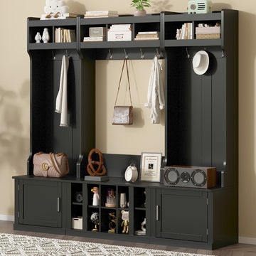 Wide Design Hall Tree with Storage and Bench, 4-IN-1 Multi-functional Entryway Bench with Coat Rack and Shoe Cubbies, Practical Furniture for Hallway, Black/White