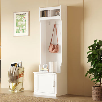 Minimalist Slim Hall Tree with Cabinet & 6 Hanging Hooks, Multi-functional Storage Bench with Coat Rack, Elegant Foyer Cabinet for Hallway, Living room, White/Black