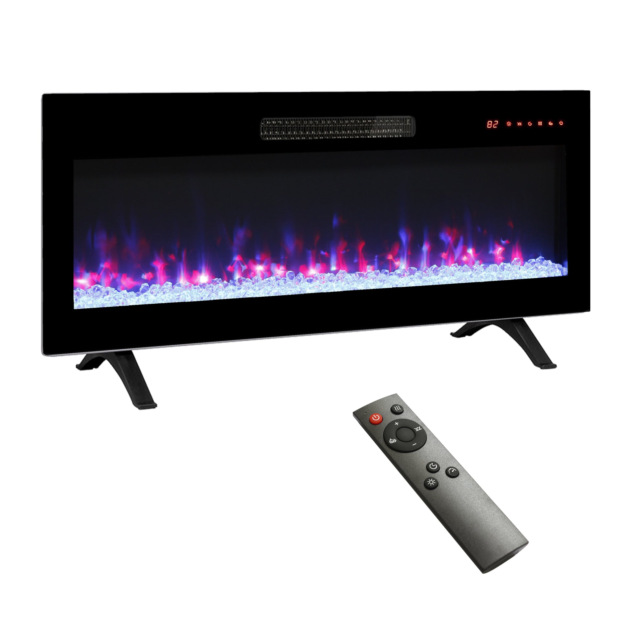 36 inch recessed ultra thin tempered glass front wall mounted electric fireplace with remote and multi color flame & emberbed, LED light heater